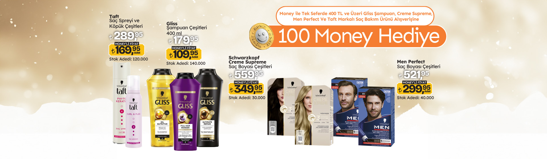 400 TL Gliss Şampuan, Crème Supreme, Men Perfect ve Taft Markalı Saç Bakım Alışverişine 100 Money