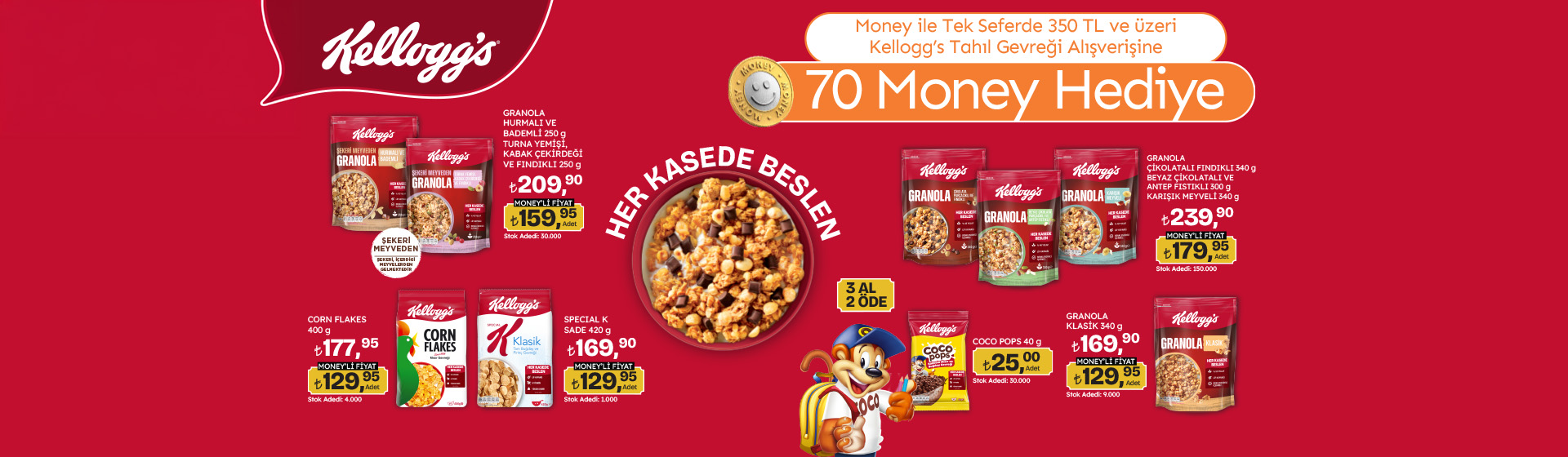 Money ile Tek Seferde 350 TL ve üzeri Kellogg’s Tahıl Gevreği Alışverişine 70 Money