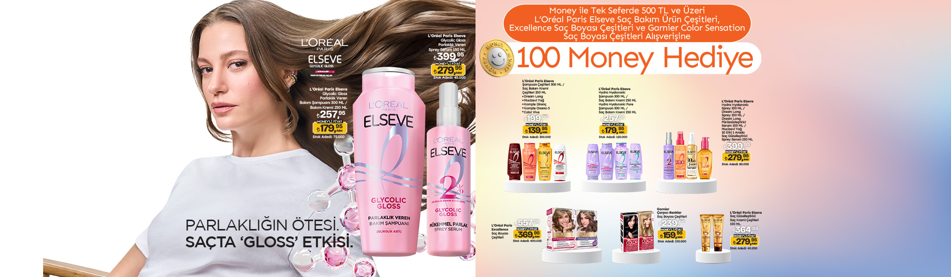 500 TL Loreal Paris Elseve Saç Bakım Ürün Çeşitleri, Excellence Saç Boyası Çeşitleri ve Garnier Color Sensation Saç Boyası Çeşitleri Alışverişine 100 Money