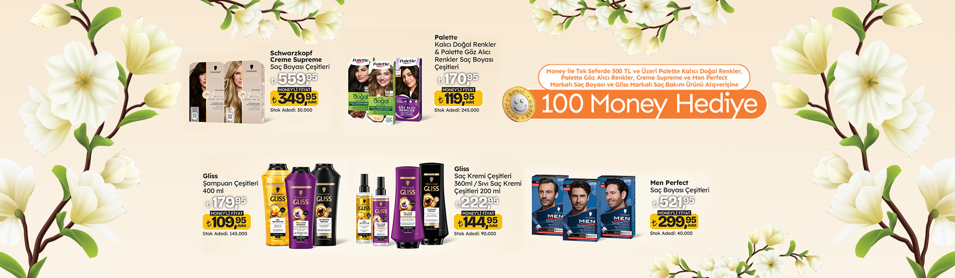 500 TL Palette, Crème Supreme, Men Perfect, Gliss Saç Bakım Alışverişine 100 Money
